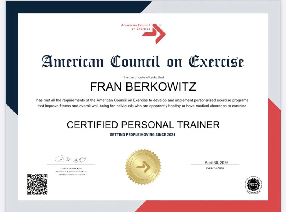 ACE Certified Personal Trainer certificate — Fran Berkowitz